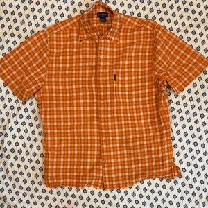Vintage Guess Men's Orange and White Plaid Shirt large linen blend